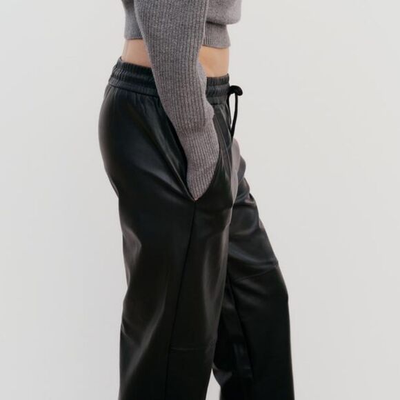 Zara -189 NWT Faux Leather Jogging Pants Joggers Black Size Medium‎ - Picture 2 of 10